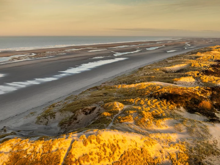 Plage au coucher du soleil avec dunes dorées.