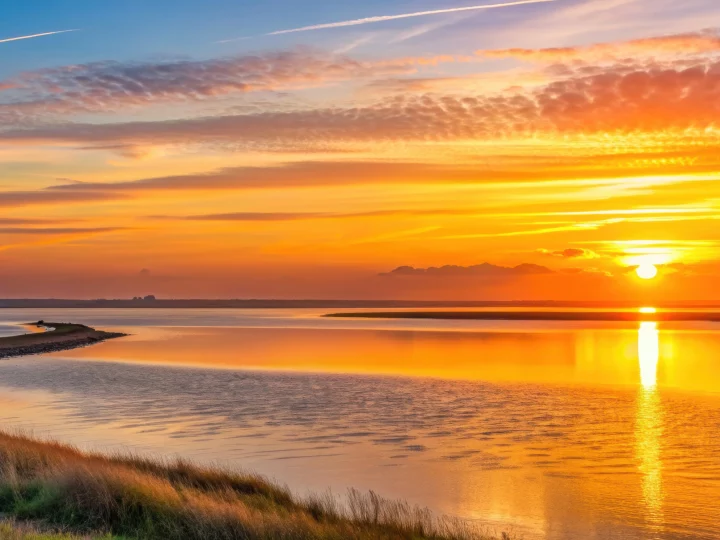 Lever de soleil sur un lac paisible.
