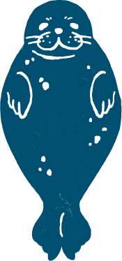 Phoque dessiné en bleu, vue de face.