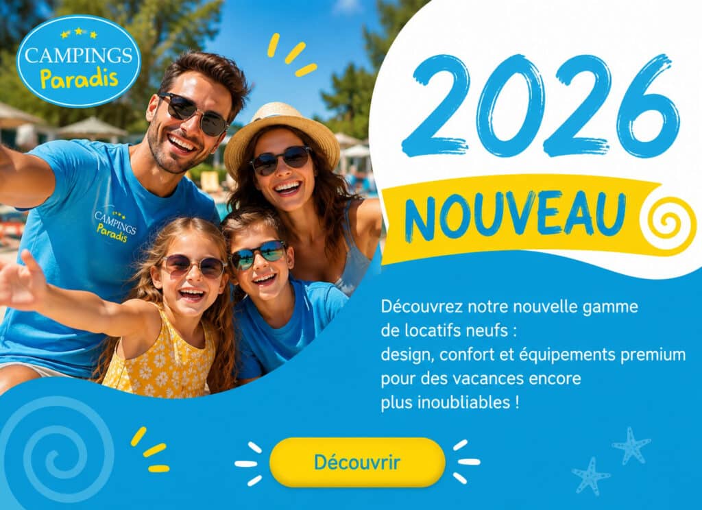 Famille souriante en vacances au camping.