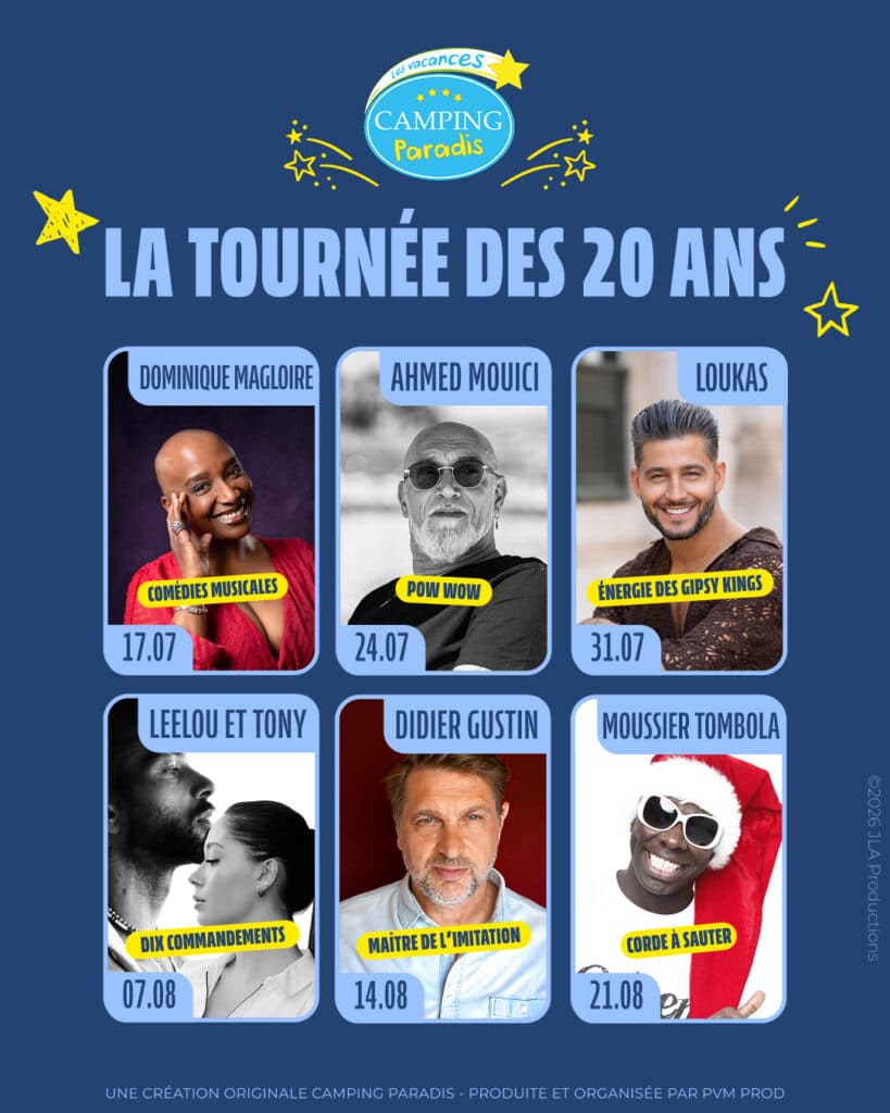 Affiche de la tournée des 20 ans de Camping Paradis.
