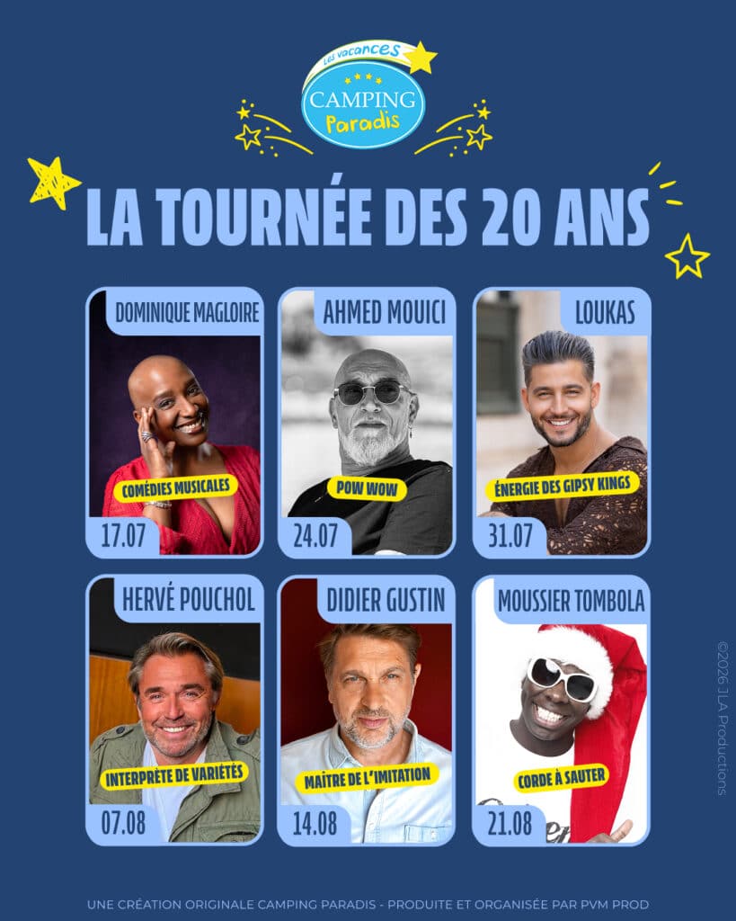 Affiche de la tournée des 20 ans de Camping Paradis.